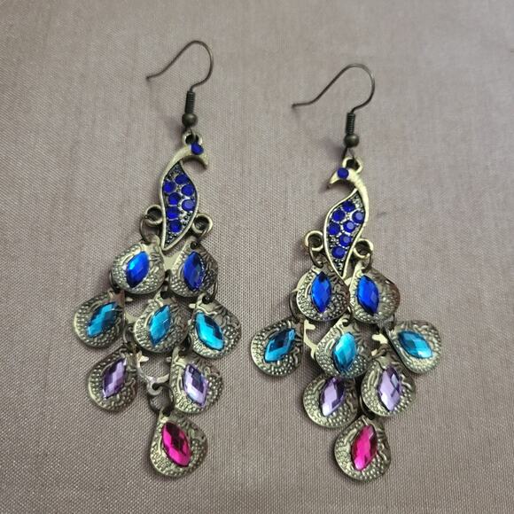 Colorful Crystal Peacock Hook Earrings - Picture 1 of 3